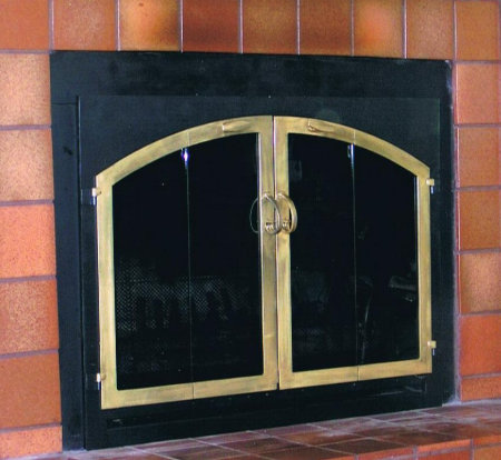 Chatham Square to Arch Black frame with antique brass vice bi fold doors, with standard forged center handles smoke glass. Comes with slide mesh spark screen.